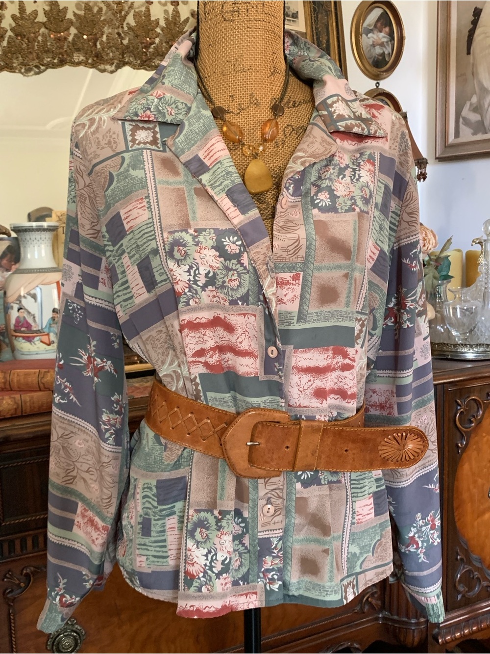 Vintage 80's-90's Abstract Floral Blouse Shirt with Shoulder Pads